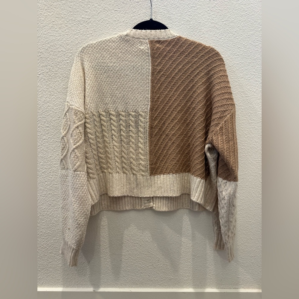 Cream Patchwork Boxy Cable-Knit Cardigan Sweater - Picture 4 of 7